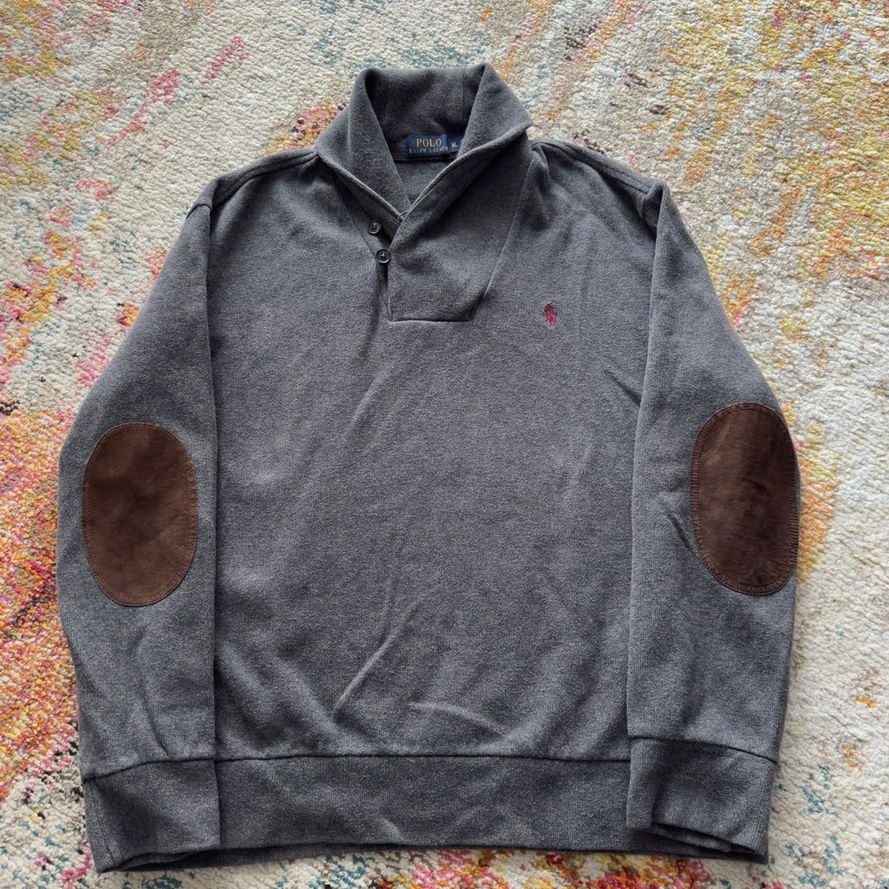 Men Polo Ralph Lauren Pony Shawl Collar Pullover Elbow Patch Sweater XL Gray Vtg